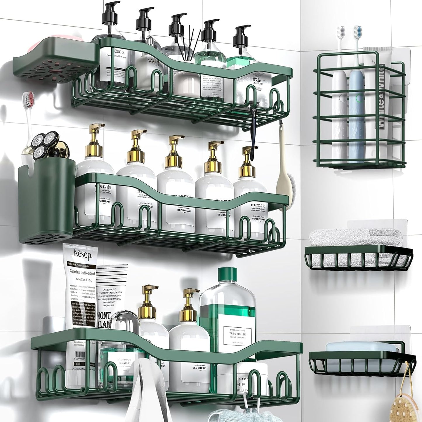 NESOMI Shower Caddy Adhesive Shower Organizer 7-Pack, Rustproof Stainless Steel Bathroom Shelves, Large Capacity No-Drill Rack Storage Accessories with Soap Dish Toothbrush Holder &24 Hooks Home Decor