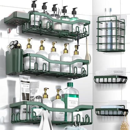 NESOMI Shower Caddy Adhesive Shower Organizer 7-Pack, Rustproof Stainless Steel Bathroom Shelves, Large Capacity No-Drill Rack Storage Accessories with Soap Dish Toothbrush Holder &24 Hooks Home Decor