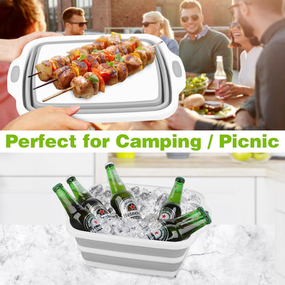 Space Saving Cutting Board, Collapsible Dish Tub with Draining Hole, Folding Chopping Board with Colander, 3 in 1 Multifunction Camping Sink for Washing Dish, Bowl, Vegetables and Fruit