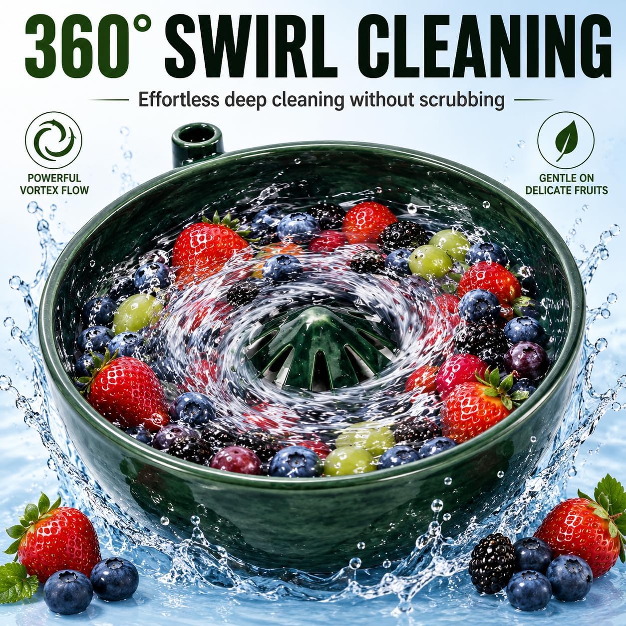 Self Spinning Berry Washing Bowl with Drain Holes, Berry Rinse Bowl & Fruit Wash Bowl for Strawberries, Blueberries and Grapes, Glossy Ceramic-Look PLA Berry Washer, Colander Bowl for Kitchen