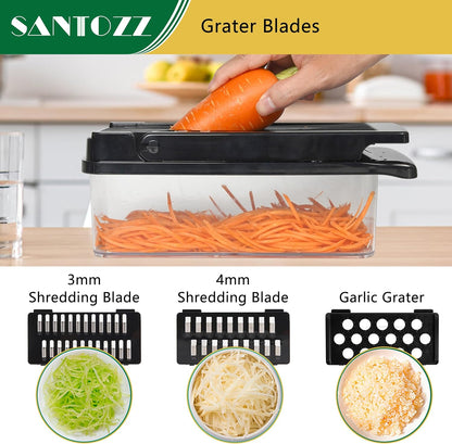 SANTOZZ Multifunctional Vegetable Chopper with Container, Vegetable Cutter with Interchangeable Blades, Onion Slicer, Garlic Grinder, Dicer for Potato, Carrot Chopper