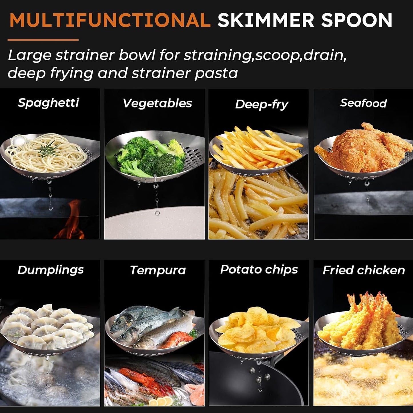 MARTE Skimmer Slotted Spoon Set of 4 - Kitchen Pasta Strainer Spoon - Spider Strainer Skimmer Ladle Spoon with Holder for Cooking and Frying Food, Spaghetti, Vegetable, Dumpling - 14.8In,16.5In,17In