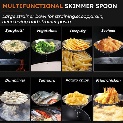 MARTE Skimmer Slotted Spoon Set of 4 - Kitchen Pasta Strainer Spoon - Spider Strainer Skimmer Ladle Spoon with Holder for Cooking and Frying Food, Spaghetti, Vegetable, Dumpling - 14.8In,16.5In,17In