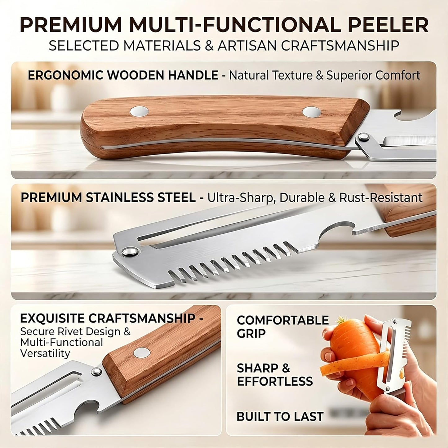 Multi-Functional Vegetable Peeler, 3 in 1 Multi Functional Wooden Handle Peeler and Bottle Opener,Kitchen Gadgets Tool，Grater & Bottle Opener for Potato, Carrot, Apple, Fruit & Vegetable (1pcs)