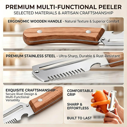 Multi-Functional Vegetable Peeler, 3 in 1 Multi Functional Wooden Handle Peeler and Bottle Opener,Kitchen Gadgets Tool，Grater & Bottle Opener for Potato, Carrot, Apple, Fruit & Vegetable (1pcs)
