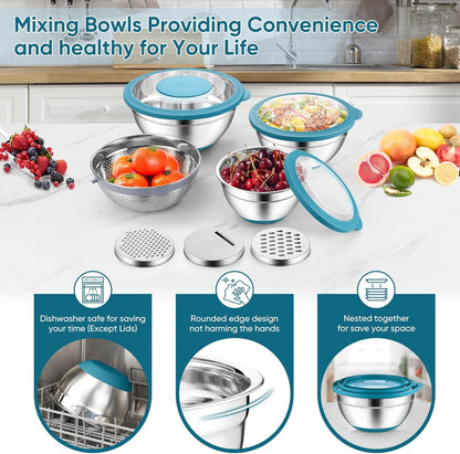 P&P CHEF Mixing Bowls with Lids Set of 3, Stainless Steel Mixing Bowl and Colander for Kitchen, 3 Grater Attachments & Non-Slip Bottoms, Visible & Airtight Lid, Khaki