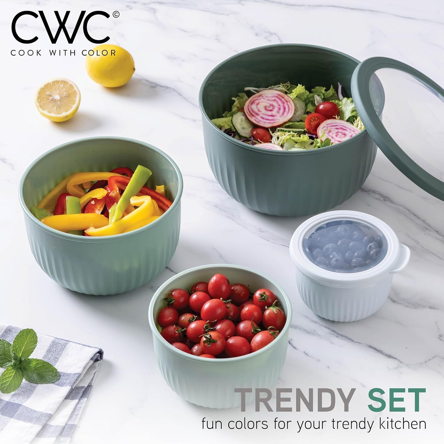 COOK WITH COLOR Prep Bowls with Lids- Wide and Deep Nesting Plastic Small Mixing Bowl Set with Lids, 8 Piece Set - Wide Bowls, Blue