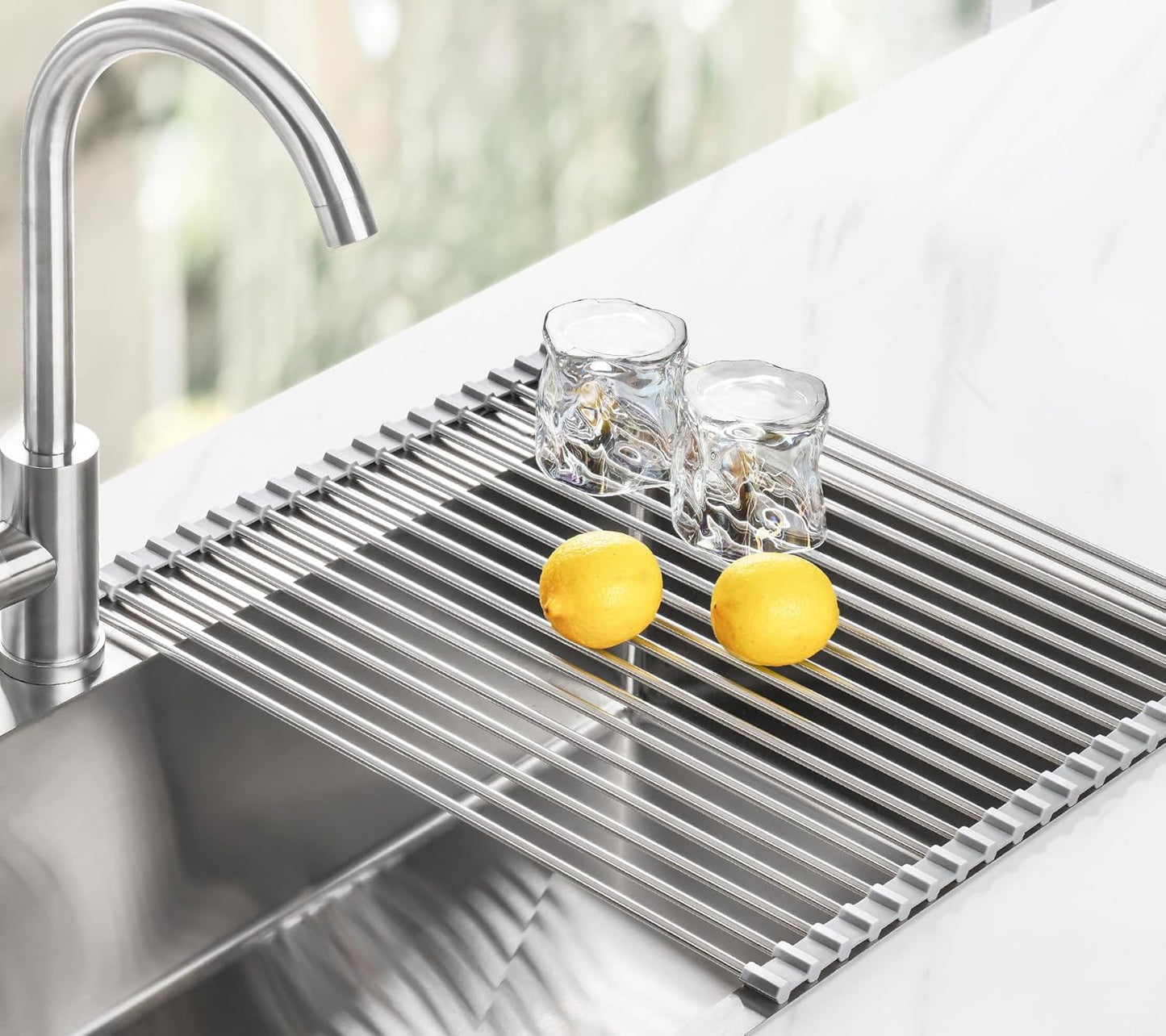 Tomorotec 17.7" x 15.5" Roll Up Dish Drying Rack Over Sink Drying Rack Sink Cover Kitchen Sink Accessories Gadget Multipurpose Organizer Foldable Stainless Steel Drainer