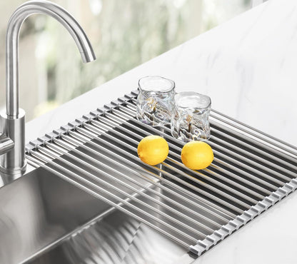 Tomorotec 17.7" x 15.5" Roll Up Dish Drying Rack Over Sink Drying Rack Sink Cover Kitchen Sink Accessories Gadget Multipurpose Organizer Foldable Stainless Steel Drainer