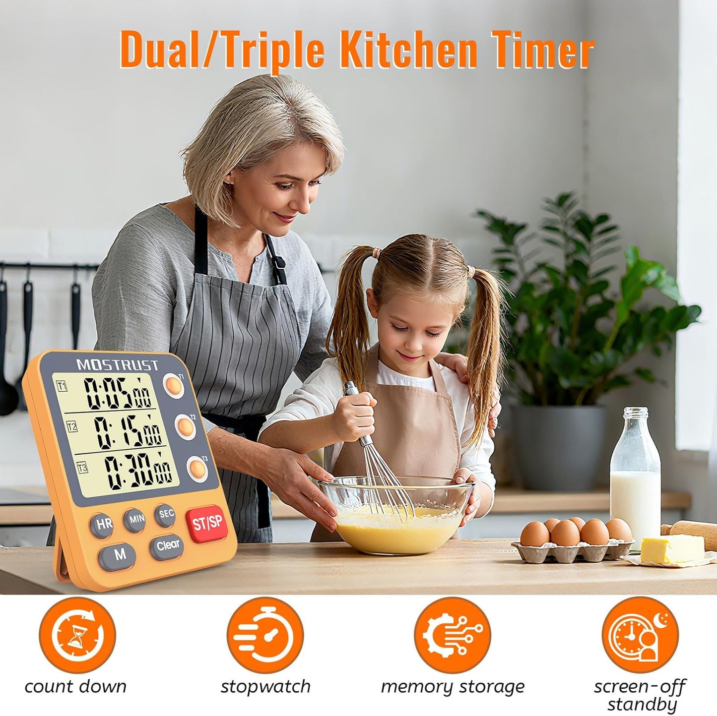 Digital Dual Kitchen Timer, 3 Channels Triple Countdown Timer for Cooking, Magnetic Memory-Preset Large Display Adjustable Volume, Multi Time Management, 3A Battery Included, Black