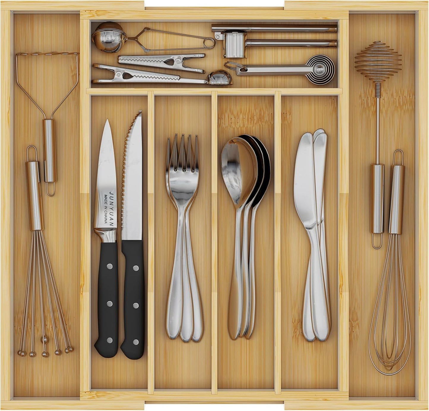 Youpehom Bamboo Utensil Organizer for Kitchen Drawers, Utensil Tray and Cutlery Silverware Holder,Wood Drawer Dividers with 5 Slots