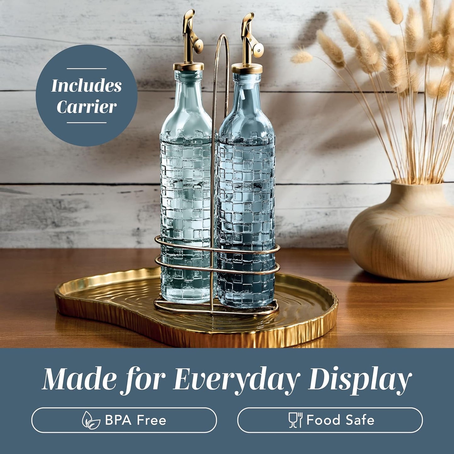 COOK WITH COLOR Glass Olive Oil Bottle Dispenser - 2 Pack- 17oz Oil and Vinegar Cruet - Olive Oil Carafe Decanter for Kitchen, Elegant Waves, Clear