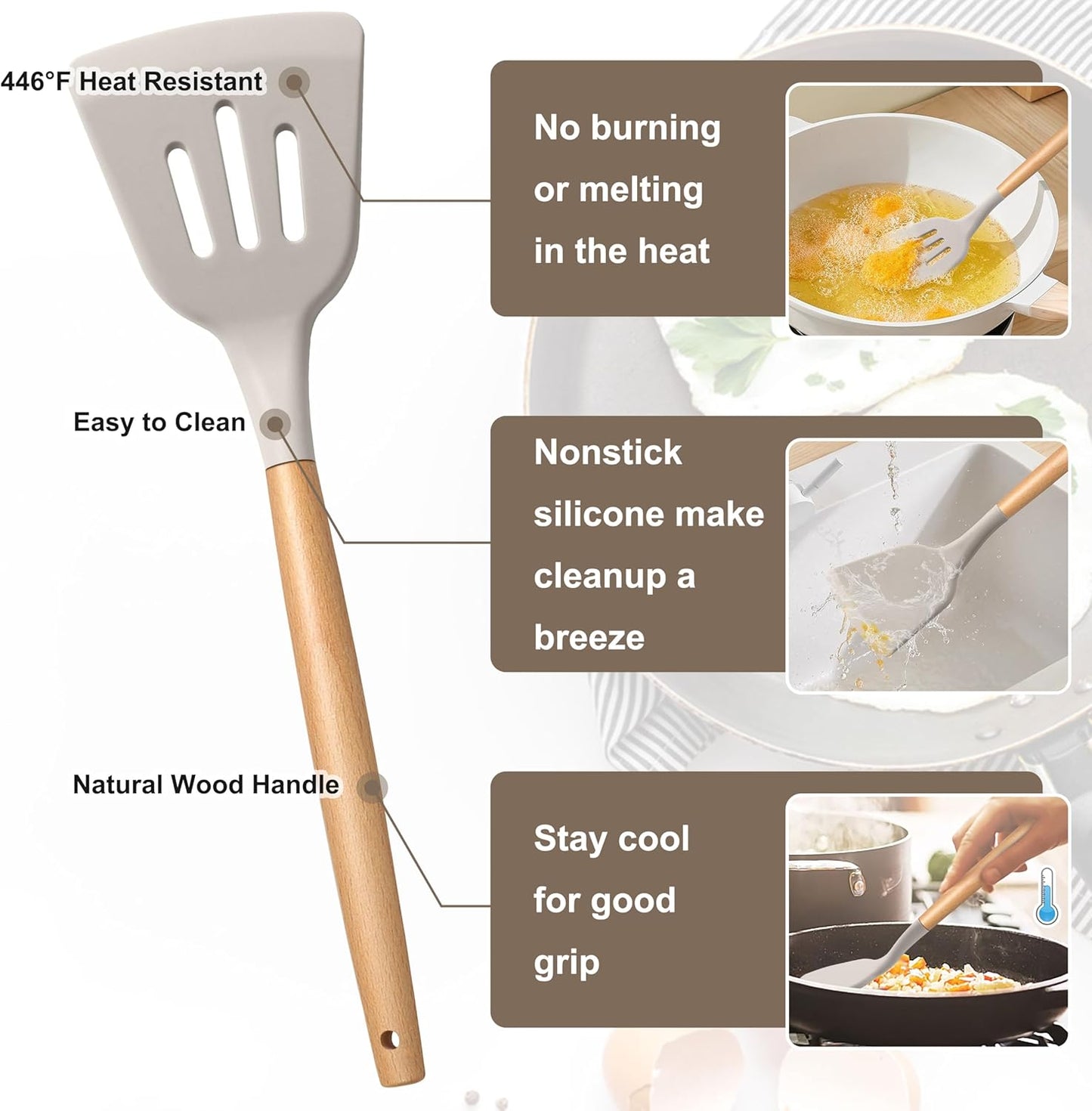 E-far Silicone Cooking Utensils Set, 10-Piece Heat Resistant Kitchen Utensils Set with Wooden Handle for Nonstick Cookware, Kitchen Nonstick Tools Spatula Whisk Tongs Ladle, Non-toxic & Healthy(Khaki)