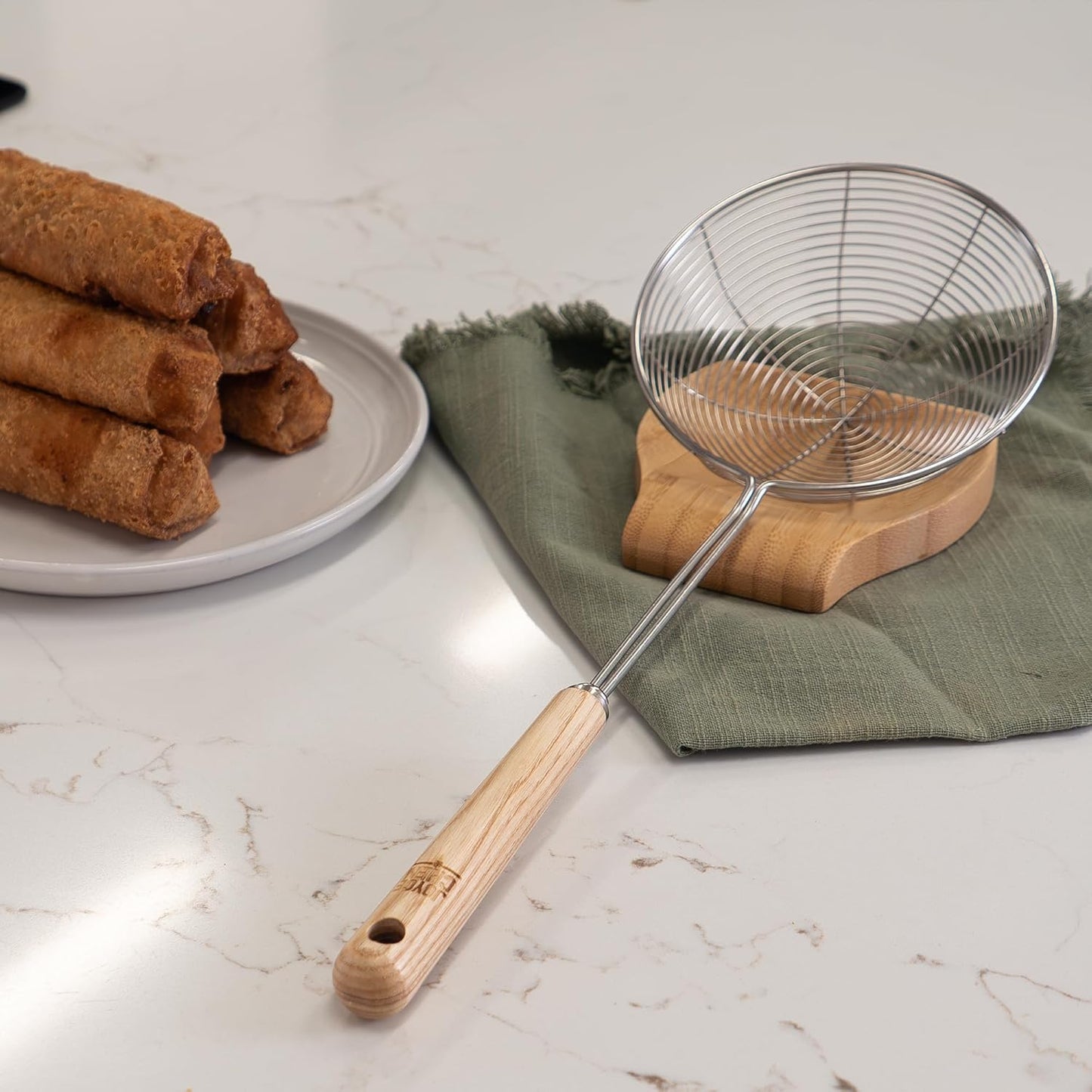 Joyce Chen Kitchen Spider Strainer Stainless Steel 5-Inch Wire Basket with Heat-Resistant Bamboo Handle