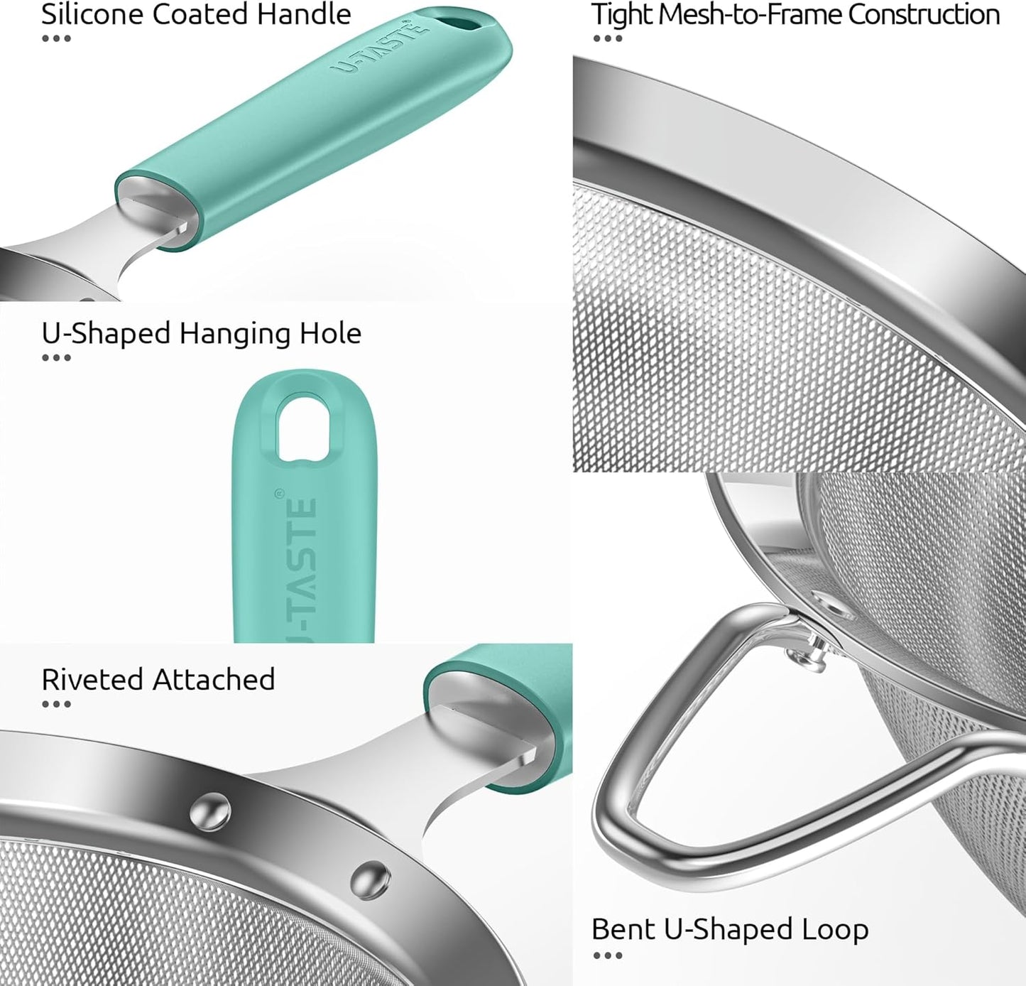 U-Taste Medium Fine Mesh Strainer: 18/8 Stainless Steel 4.73in 30 Mesh Kitchen Food Sieve with Sturdy Riveted Silicone Handle, Heavy Duty Deep Handheld Metal Colander for Rice, Quinoa, Flour (Black)