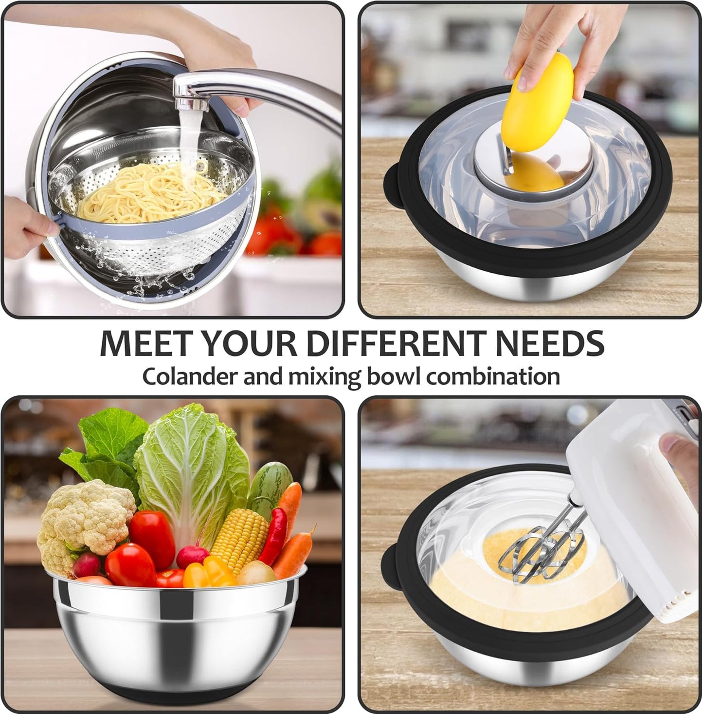 E-far Colander with Mixing Bowl Set, 4-1 Stainless Steel Colander Strainers Bowl with Graters for Kitchen, Rotatable Food Strainer Bowl for Rinsing Fruits Vegetables/Draining Pasta - Blue