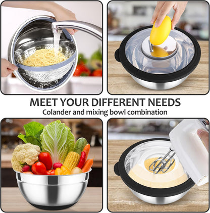 E-far Colander with Mixing Bowl Set, 4-1 Stainless Steel Colander Strainers Bowl with Graters for Kitchen, Rotatable Food Strainer Bowl for Rinsing Fruits Vegetables/Draining Pasta - Blue