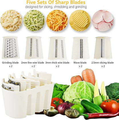 Rotary Cheese Grater with Handle: 5 in 1 Cheese Grater Hand Crank Cheese Shredder with Strong Suction Base Kitchen Vegetable Slicer with 5 Interchangeable Blades, Storage Box, White