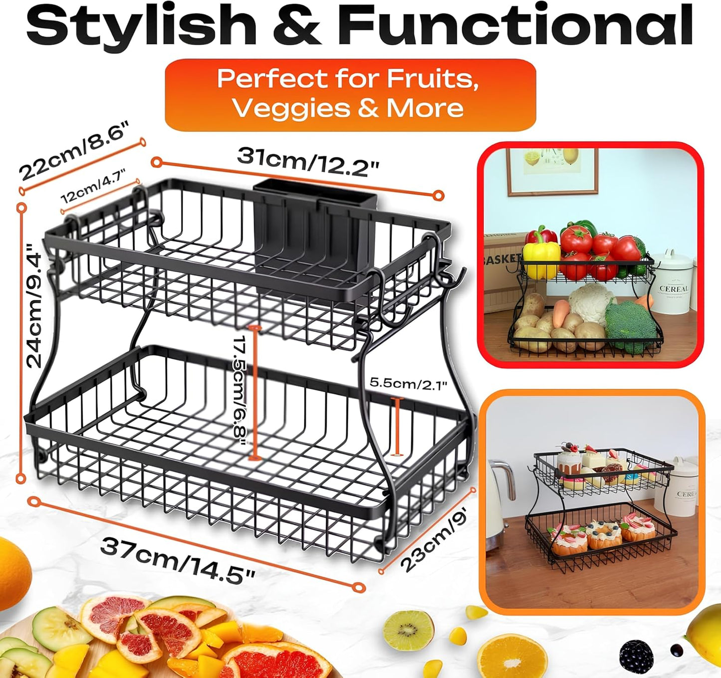 2 Tier Fruit Basket with Banana Hanger & Utensil Pocket – Metal Kitchen Counter Organizer for Fruits, Vegetables, Bread & Snacks + 3 Tools (Apple Corer, Banana Slicer, Peeler) – Perfect for Kitchen