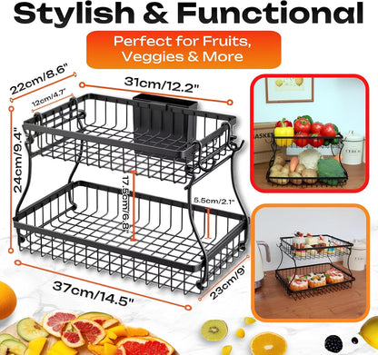 2 Tier Fruit Basket with Banana Hanger & Utensil Pocket – Metal Kitchen Counter Organizer for Fruits, Vegetables, Bread & Snacks + 3 Tools (Apple Corer, Banana Slicer, Peeler) – Perfect for Kitchen