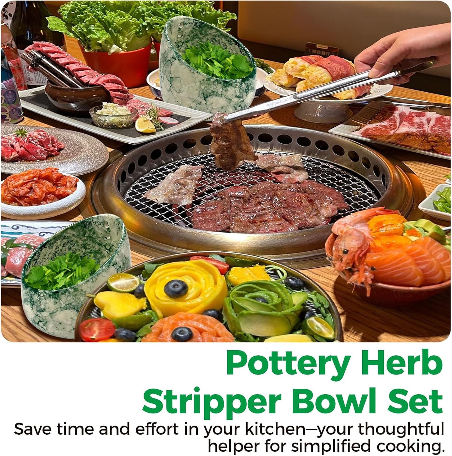 Pottery Herb Stripper Bowl Set – 2 Piece, Including 5-Blade Stainless Steel Herb Cutter Scissors, Herb Stripping Tool & Handmade Pottery Herb Stripper Bowl, For Stripping Leaves and Rhizomes (Green)