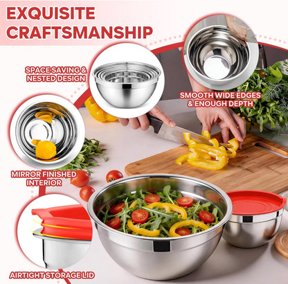 E-far Mixing Bowls with Lids, 6-Piece Stainless Steel Salad Bowls Metal Nesting Bowls for Baking Cooking and Prepping, Airtight Lids & Stackable Design, Size 4.5, 3, 1.5 QT (Black)