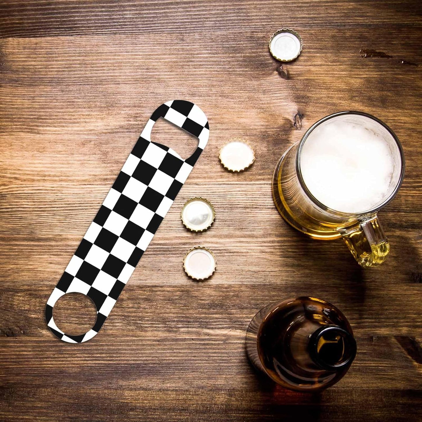 Black White Checkered Stainless Steel Bottle Opener Cool Car Racing Sports Plaid Pattern Geometric Design Flat Beer Bottle Opener Keychain for Home Kitchen Bar Restaurant Party Birthday Gift
