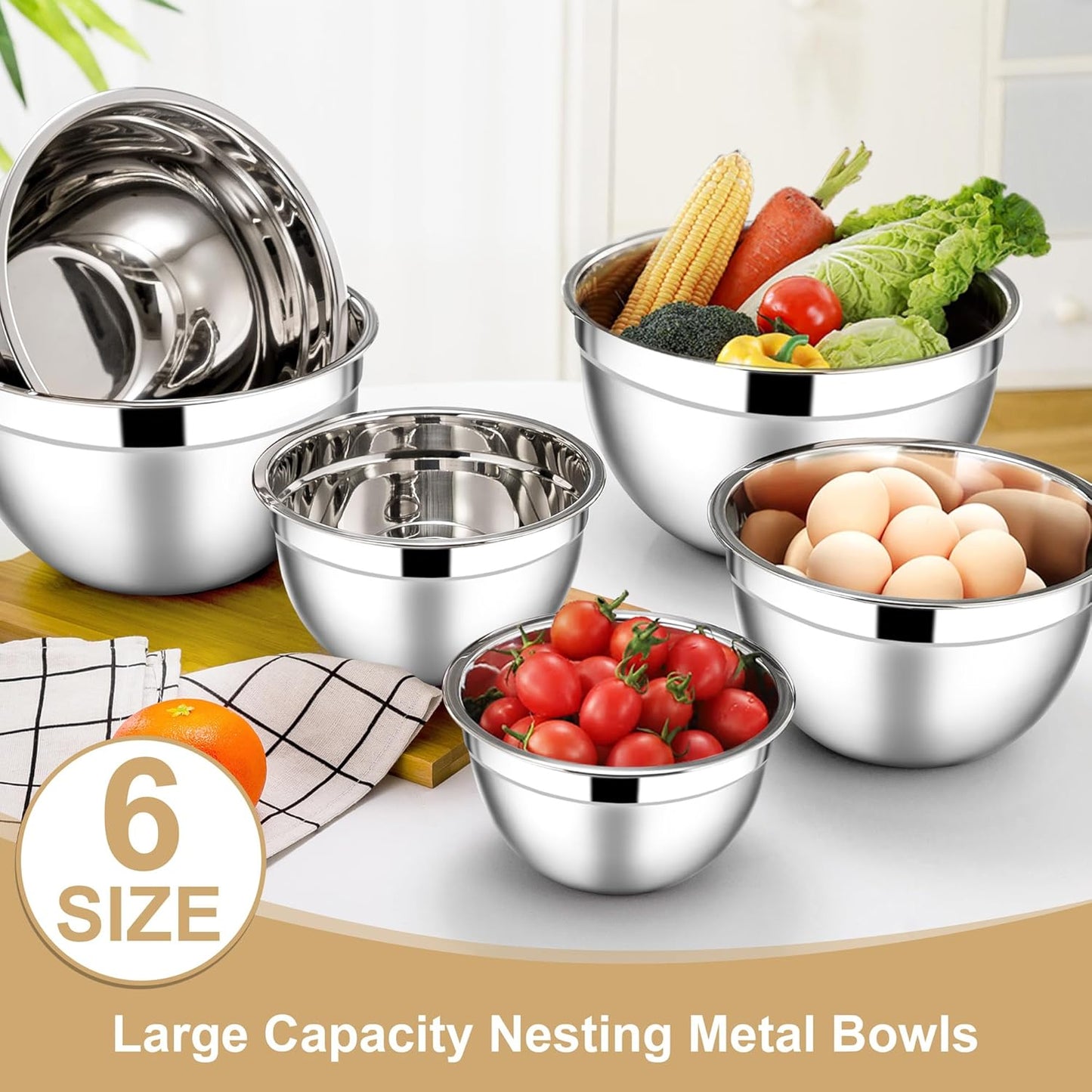 E-far Mixing Bowls with Lids, 6-Piece Stainless Steel Salad Bowls Metal Nesting Bowls for Baking Cooking and Prepping, Airtight Lids & Stackable Design, Size 4.5, 3, 1.5 QT (Black)
