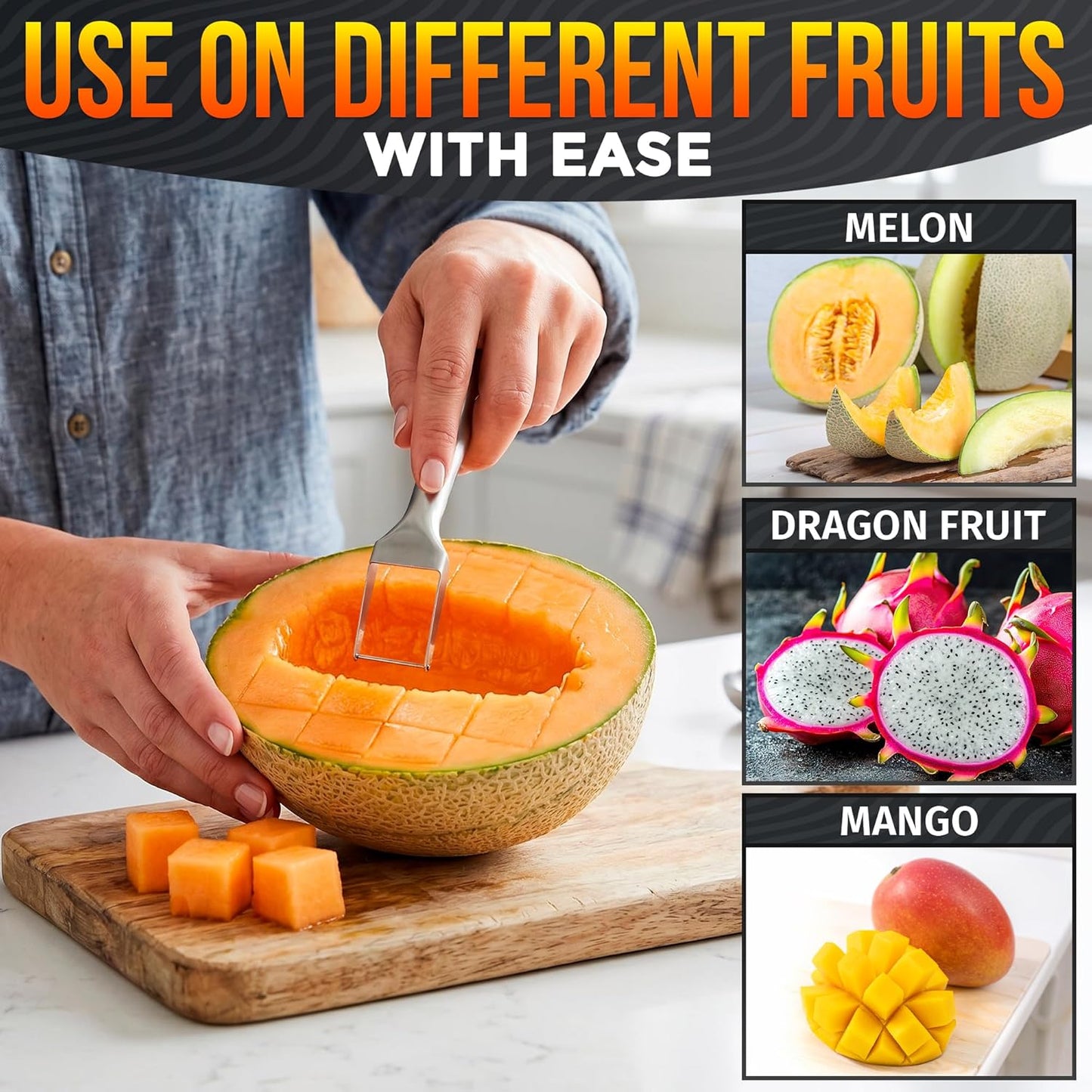 2-in-1 Watermelon Slicer Cutter Tool for 1” Cubes & Slices – Stainless Steel Watermelon Cutter Knife for Fast Fruit Cutting – Melon Slicer for Watermelon, Cantaloupe, Papaya, Honeydew, BBQ & Picnics
