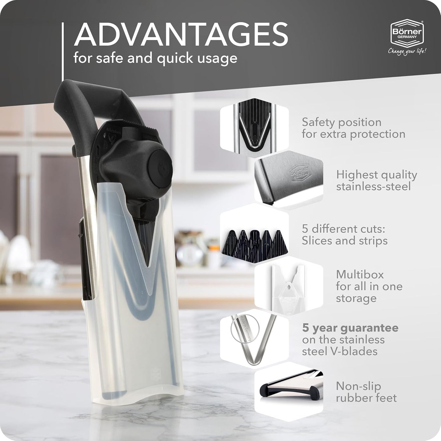 Börner by Reston Lloyd Mandoline Slicer V6 (Starter Set) • Stainless Steel Slicer with V-Blade • Adjustable Kitchen Slicer for Vegetables & Fruits • Various Thicknesses & Grater