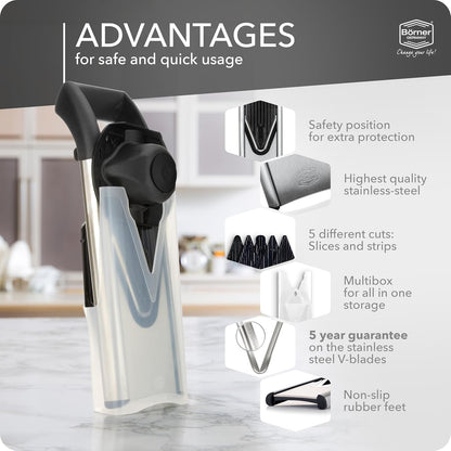 Börner by Reston Lloyd Mandoline Slicer V6 (Starter Set) • Stainless Steel Slicer with V-Blade • Adjustable Kitchen Slicer for Vegetables & Fruits • Various Thicknesses & Grater