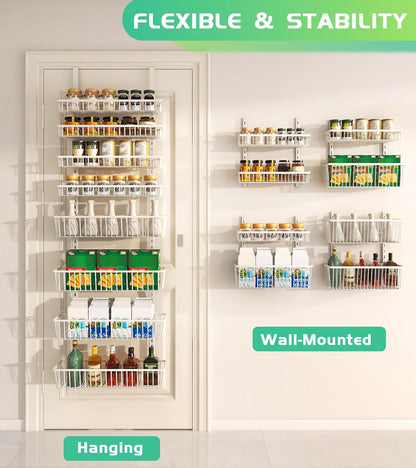 Mefirt White 9-Tier Over The Door Pantry Organizer, Pantry Organization and Storage, Deep Baskets Hanging Heavy-Duty Metal, Wall Spice Rack Seasoning Shelves for Home & Kitchen, Laundry Room Bathroom