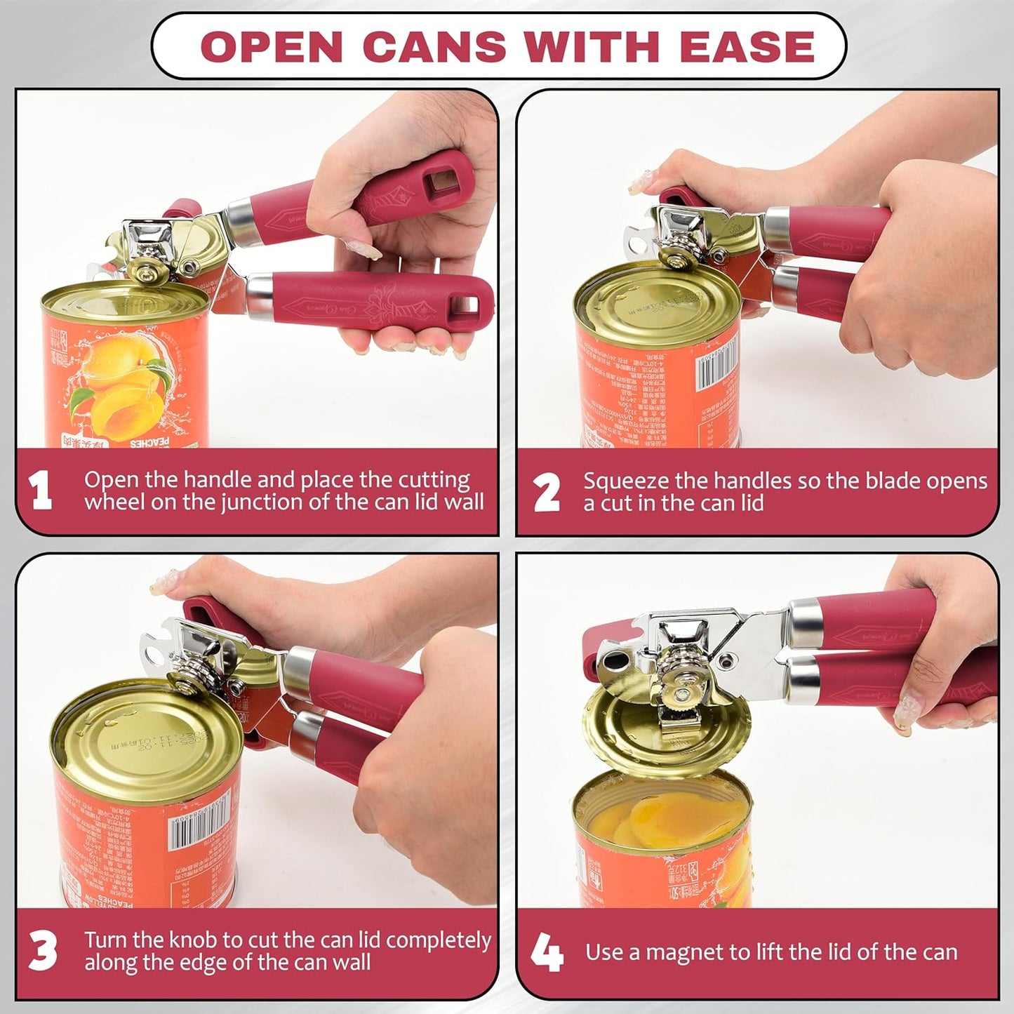 Manual Can Opener with Magnet – Heavy Duty Hand Can & Bottle Opener, Stainless Steel Blade Smooth Edge Cutter, Ergonomic Rubber Grip, Easy Turn Kitchen Tool for Seniors, Arthritis Friendly (Black)