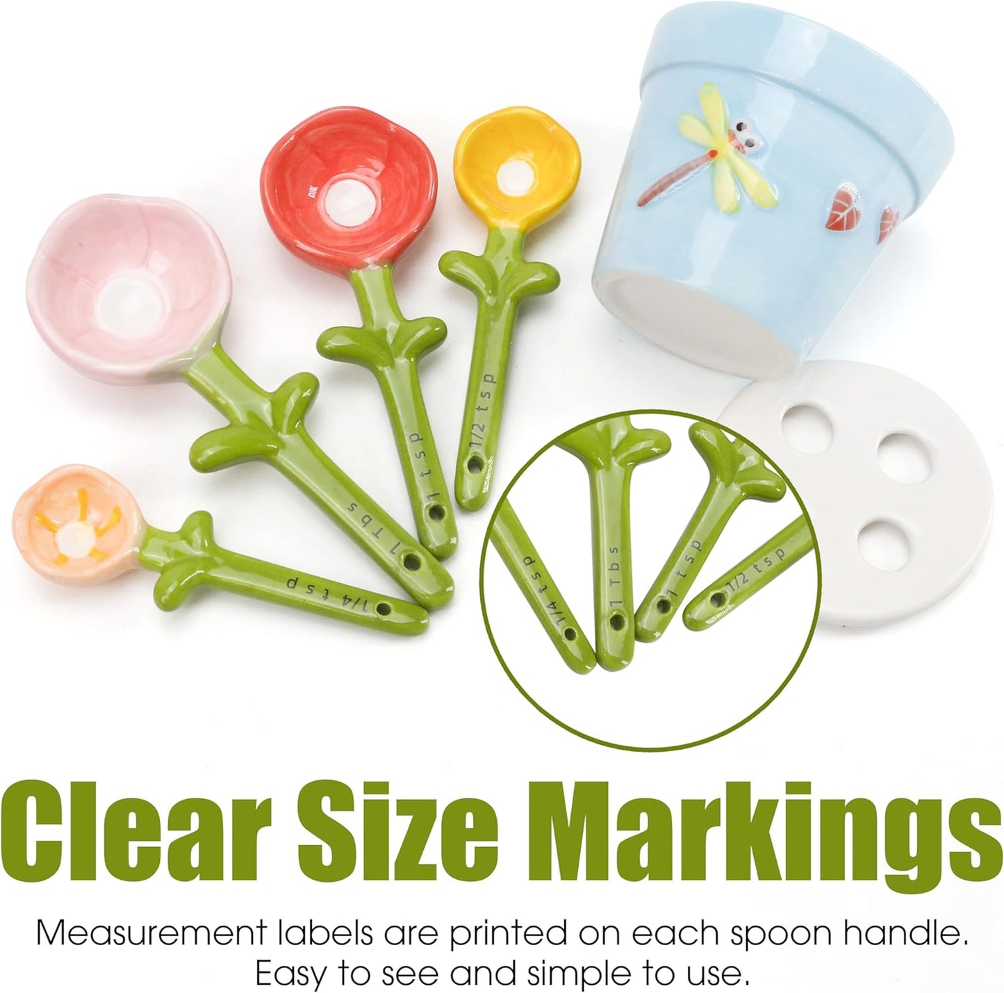 Flower Pot Measuring Spoons Set, Ceramic Baking Cup with Base Stand Holder, Decorative Cute Figurine for Dry & Wet Ingredients, Kitchen, Home & Gift - 1 Tbsp, 1 Tsp, 1/2 Tsp, 1/4 Tsp, Dishwasher Safe