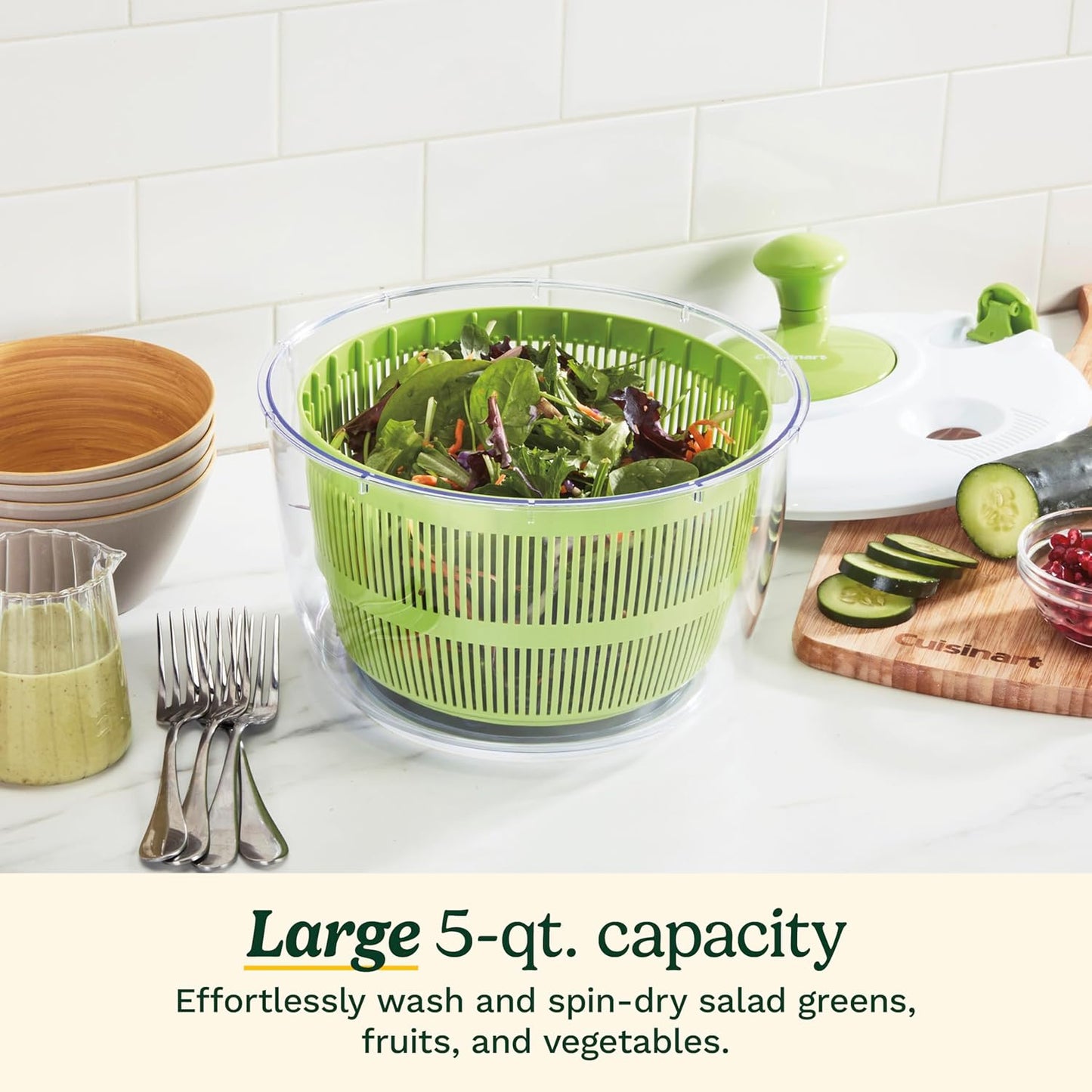 Cuisinart Large Salad Spinner- Wash, Spin & Dry Salad Greens, Fruits & Vegetables, 5qt, CTG-00-SASG Grey