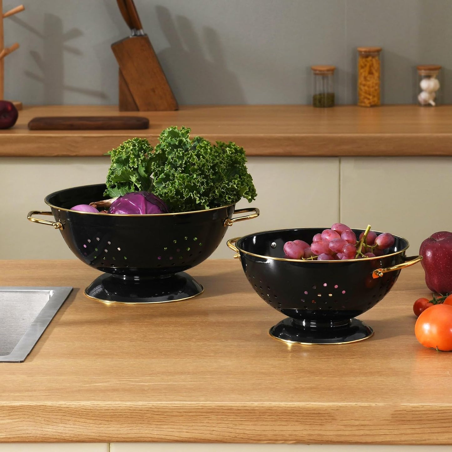Metal Colander Set of 2, Strainer Basket with Handles perfect for Spaghetti, Pasta, Berry, Vegetable, Fruit, Solid Base Powder Coated Self-draining Kitchen Colander Bowel, 3.5 & 5 Qt, Matte Black
