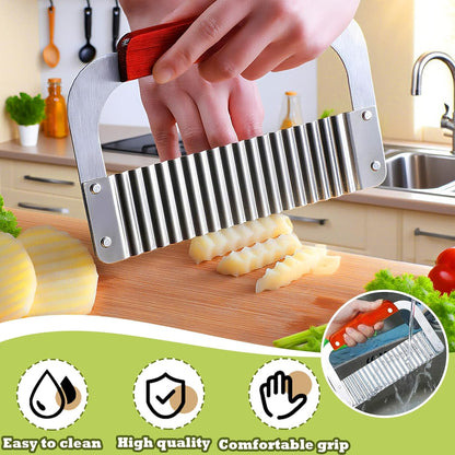 FANTEXY Extra Large Crinkle Cutter - French Fry Cutter, Wavy Chip Slicer for Carrots And Potatoes, Crinkle Cutting Knife with Wood Handle for Professional Kitchens for Fruit