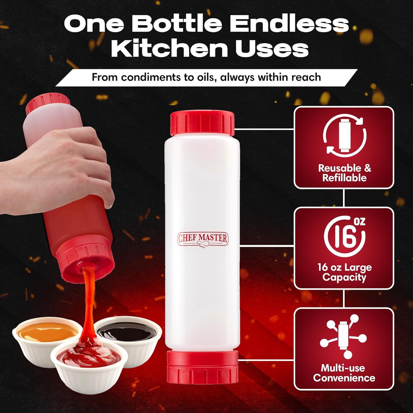 Chef Master Squeeze Bottle for Sauces (16oz) - Inverted, FIFO Refillable Bottle - Condiment Squeeze Container for Liquids, Sauce, Batter & Dressing - Made for Restaurants, Diners & Food Trucks - 90290