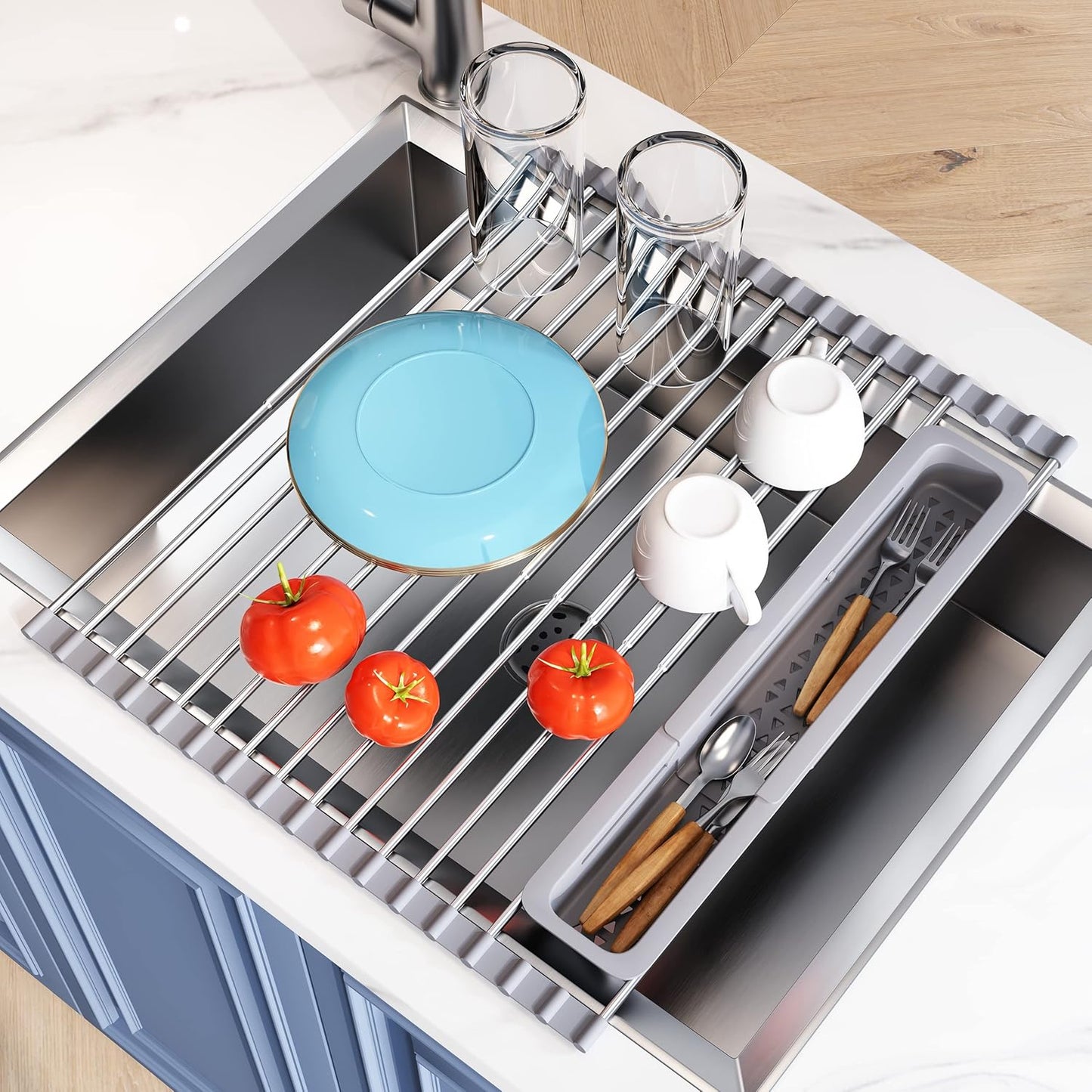 JASIWAY Roll Up Dish Drying Rack, Expandable (12.8"-23.8" D x 12.8" W) Stainless Steel Portable Drainer for Kitchen Sink Counter, Foldable Over The Sink Cover with Removable Utensil Holder