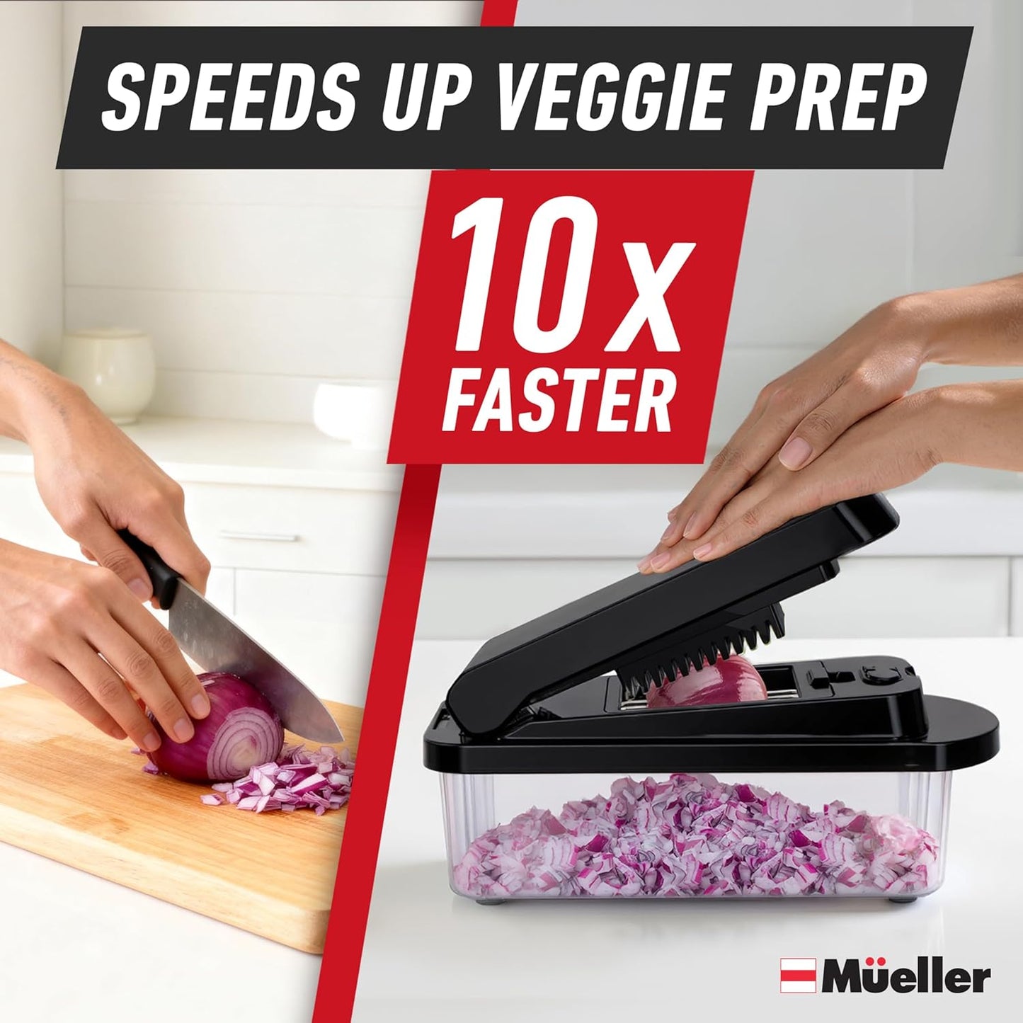 Mueller Pro-Series 10-in-1, 8 Blade Vegetable Chopper, Onion Mincer, Cutter, Dicer, Egg Slicer with Container, French Fry Cutter Potato Slicer, Home Essentials, Salad Chopper White Sand/Green