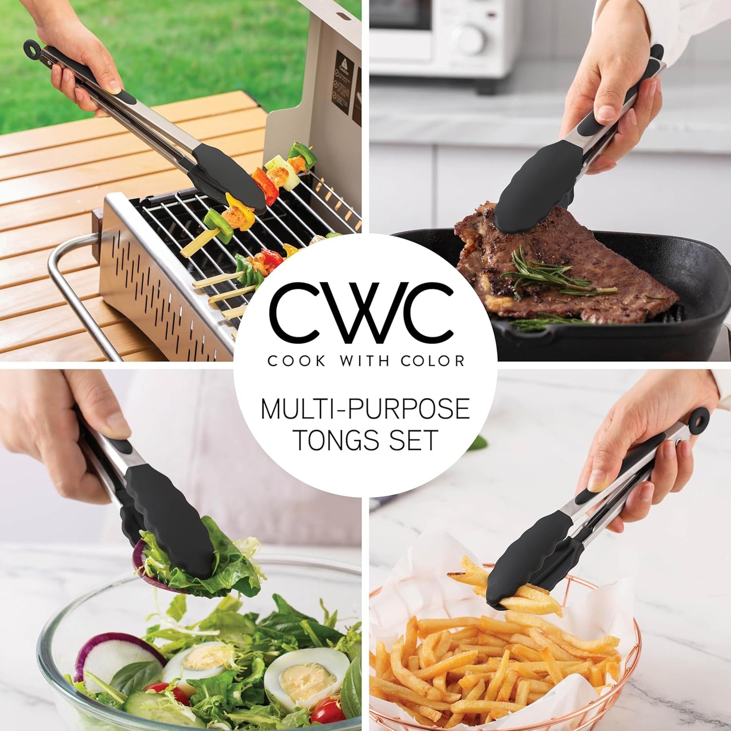 COOK WITH COLOR Stainless Steel Silicone Tipped Kitchen & BBQ Tongs Set, 3 Pc Utensils, Grey