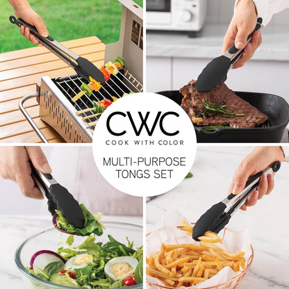 COOK WITH COLOR Stainless Steel Silicone Tipped Kitchen & BBQ Tongs Set, 3 Pc Utensils, Grey