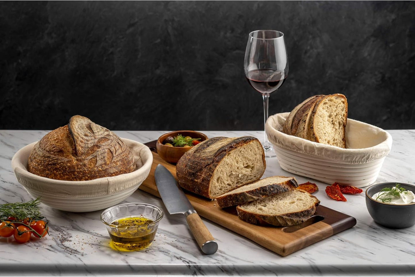 Swice Bread Proofing Basket, Round 9-Inch Banneton Sourdough Starter Kit with Lame, Dough Scraper, Linen Liner, and Basting Brush, Complete Bread Making Supplies and Tools