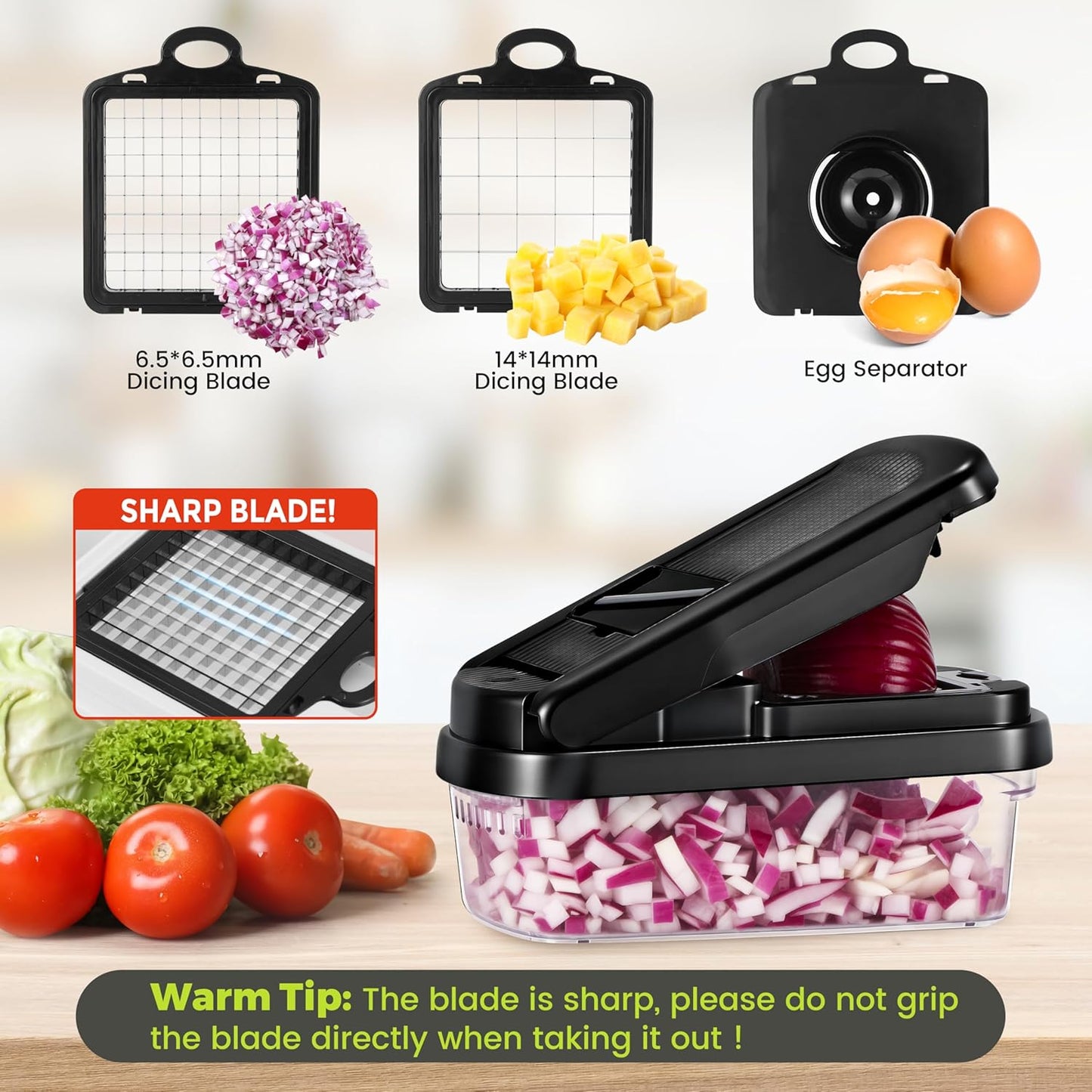 Yusshn Vegetable Chopper,12-in-1 Multifunctional Food Chopper,Professional Onion Chopper with 7 Blades,Vegetable Cutter with Container for Salad,Potato,Carrot,and Garlic; Essential Kitchen Tool(Grey)