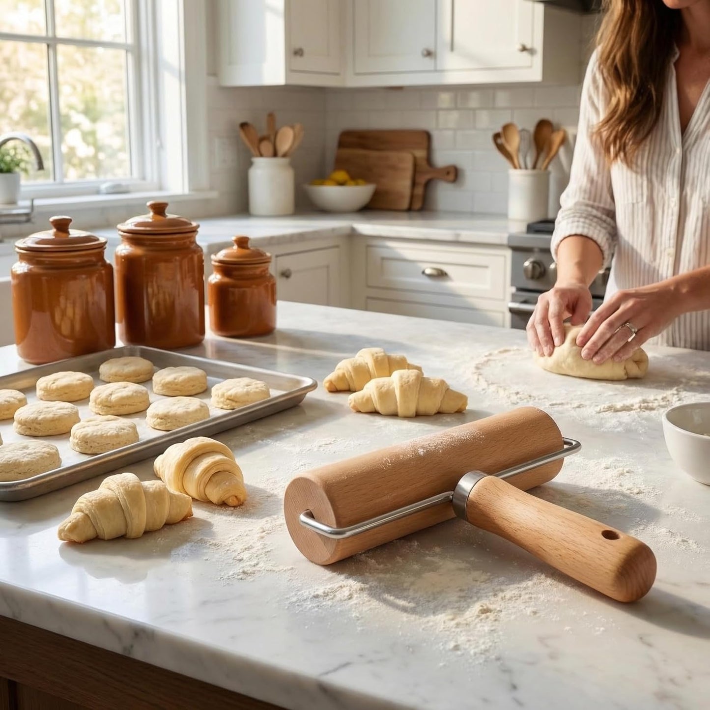 Large T-Shaped Rolling Pin, Wooden Dough Roller with Stainless Steel Frame, Smooth Pastry Roller for Pizza, Cookies, Pie Crust and Baking