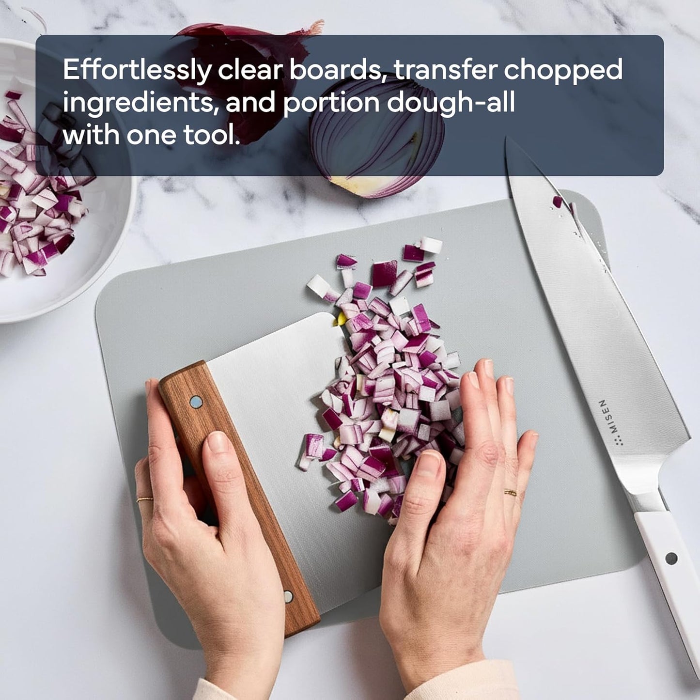 Misen Stainless Steel Bench Scraper - Versatile Food Scraper with Walnut Handle - Ideal for Kitchen, Pastry & Dough - Durable Cutting Board Scraper Tool - Effortless Transfer into Pots & Pans -Walnut