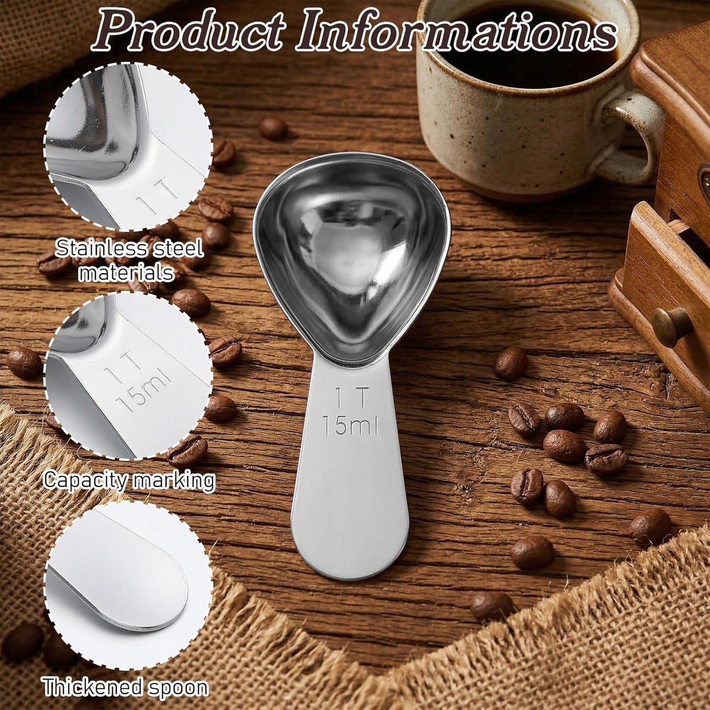 3pcs 1 Tbsp Stainless Steel Measuring Spoon, 1 Tablespoon Coffee Scoopers for Ground Coffee, Short Handle for Flour Tea Sugar Fits into Canisters