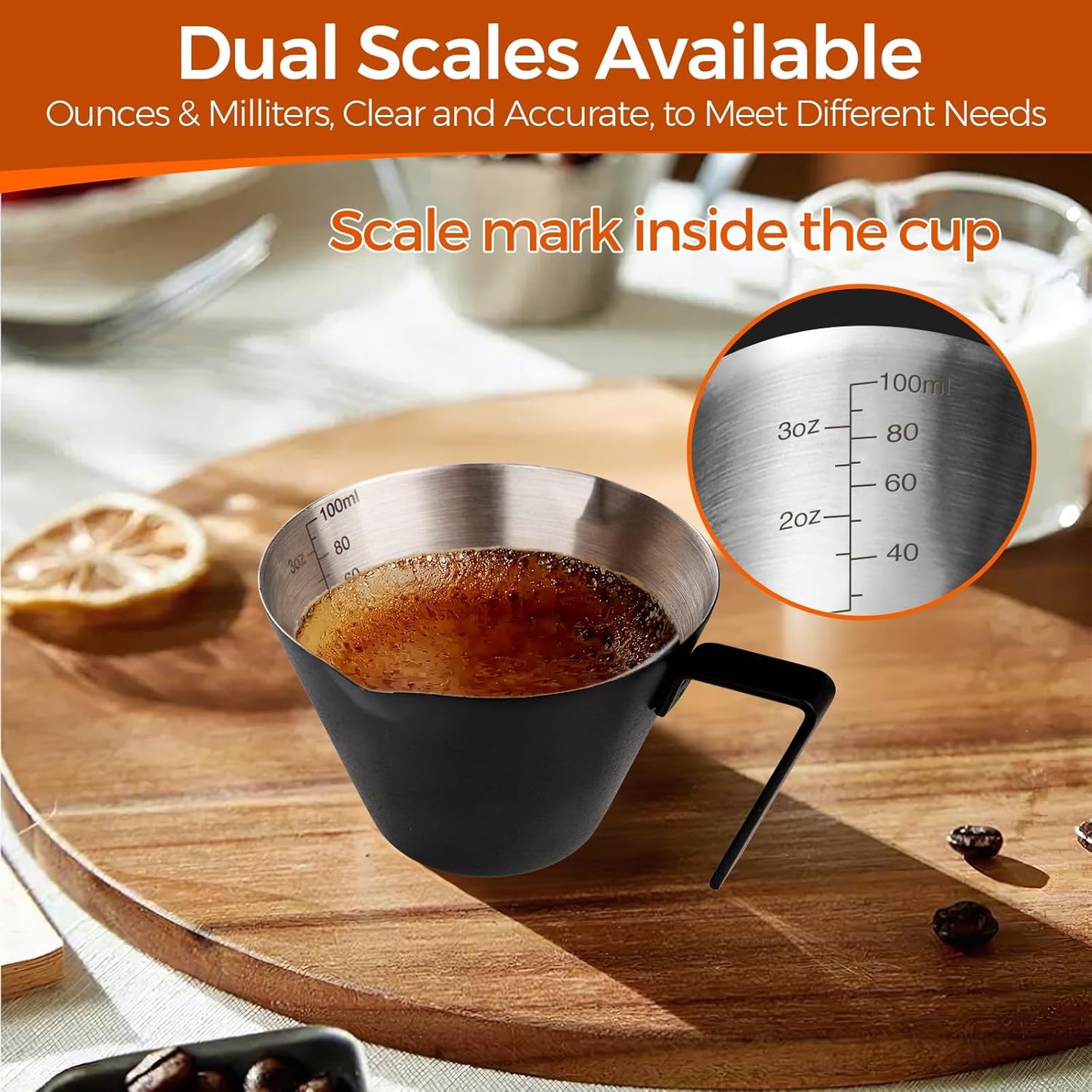 YARRAMATE 2 Pcs Espresso Cups with Handle, Stainless Steel Espresso Accessories, Double Spout Metal Measuring Cup with Dual Scale, Espresso Shot cup with V-Shaped Mouth, 3.4OZ/100ML(Silver)