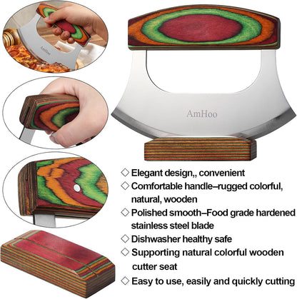 Amhoo Pizza Cutter Chef Mezzaluna Ulu Knife Handle Color Wood Grip Sharp Rocker Slicer Stainless Steel Blade Salad Onion Vegetable Chopper with Holder Base Christmas Gifts