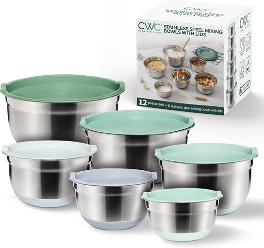 Stainless Steel Mixing Bowls Set with Lids - Nesting Bowls with Non-Slip Bottom, Sage, 12 Pieces